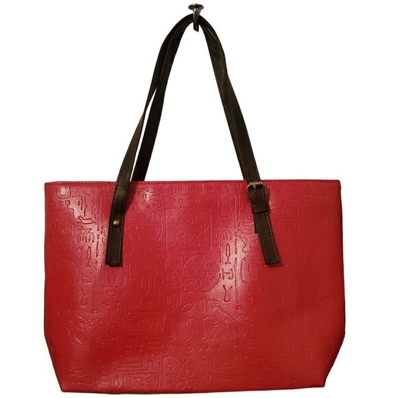 Pink Embossed Large Tote Bag With Faux Leather Brown Straps Gold Hardware - Picture 1 of 5